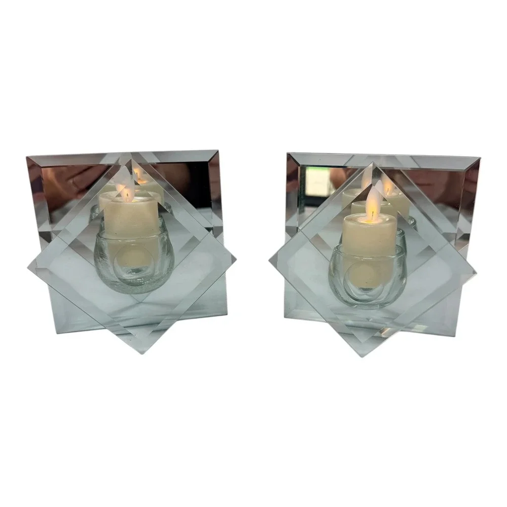 Votive Holder Geometric Mirrored Glass‎ Clear 2pc Set 90s Vintage Modern Look